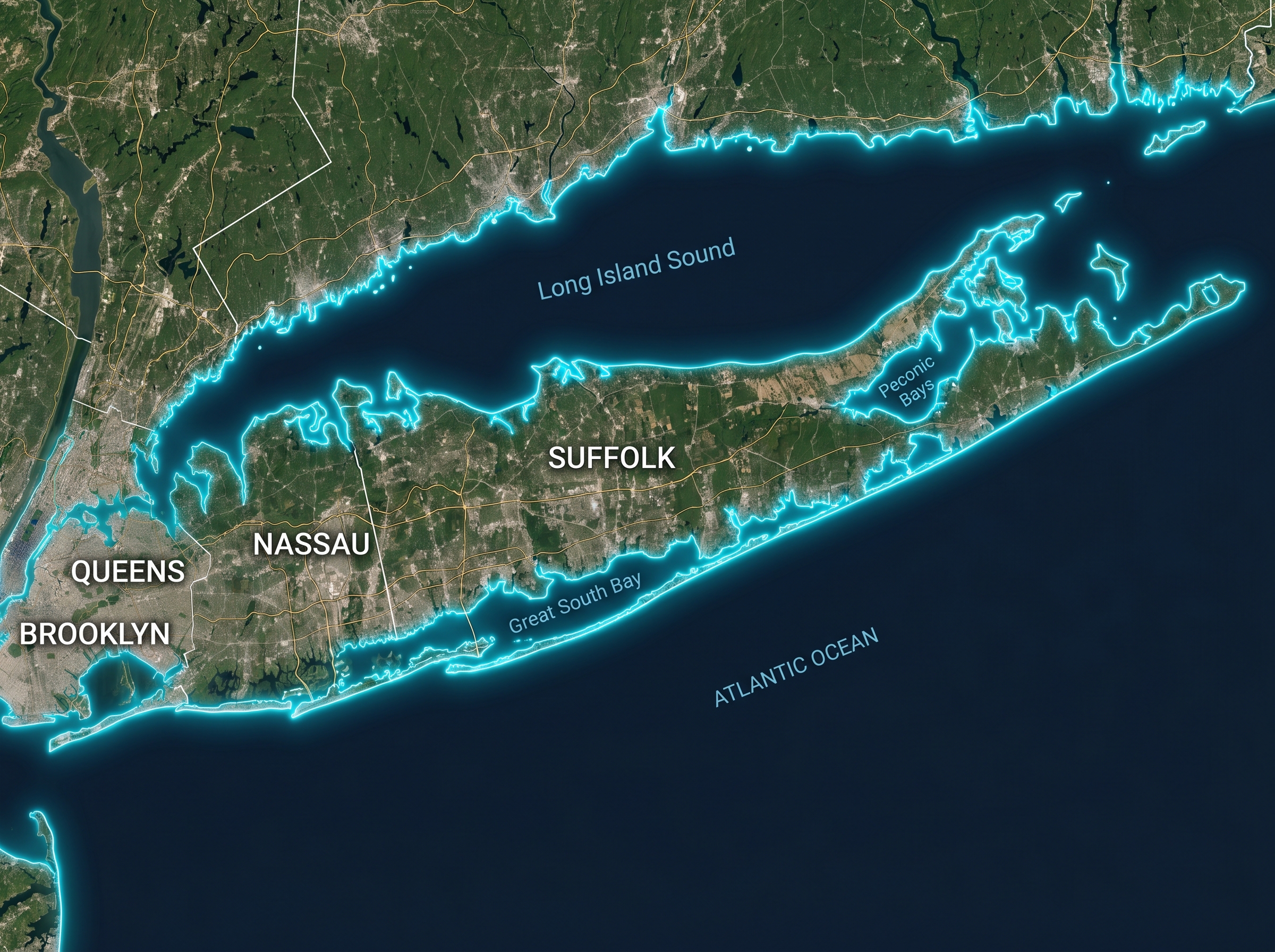 Mapa satelital de Long Island - áreas servidas